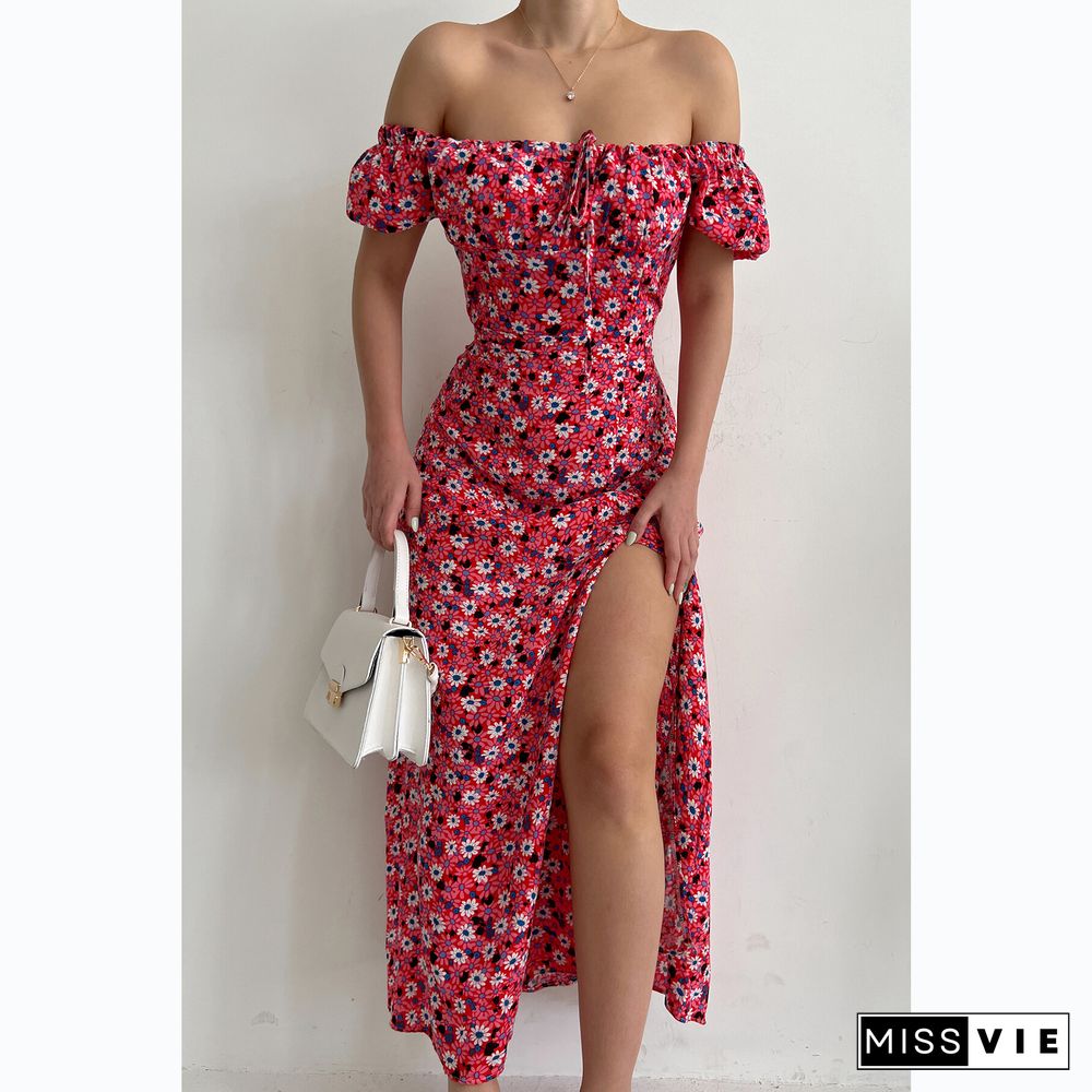 Elegant Floral Print Hem Split Dresses Women Summer Dress New Strapless Short Puff Sleeves Sexy A-line Midi Dress