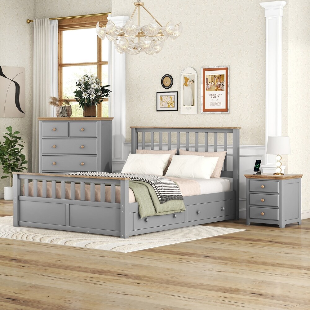 3 Piece Bedroom Set  Queen Size Platform Bed with Modern Storage Chest  Nightstand with USB Charging Ports  Gray+Natrual