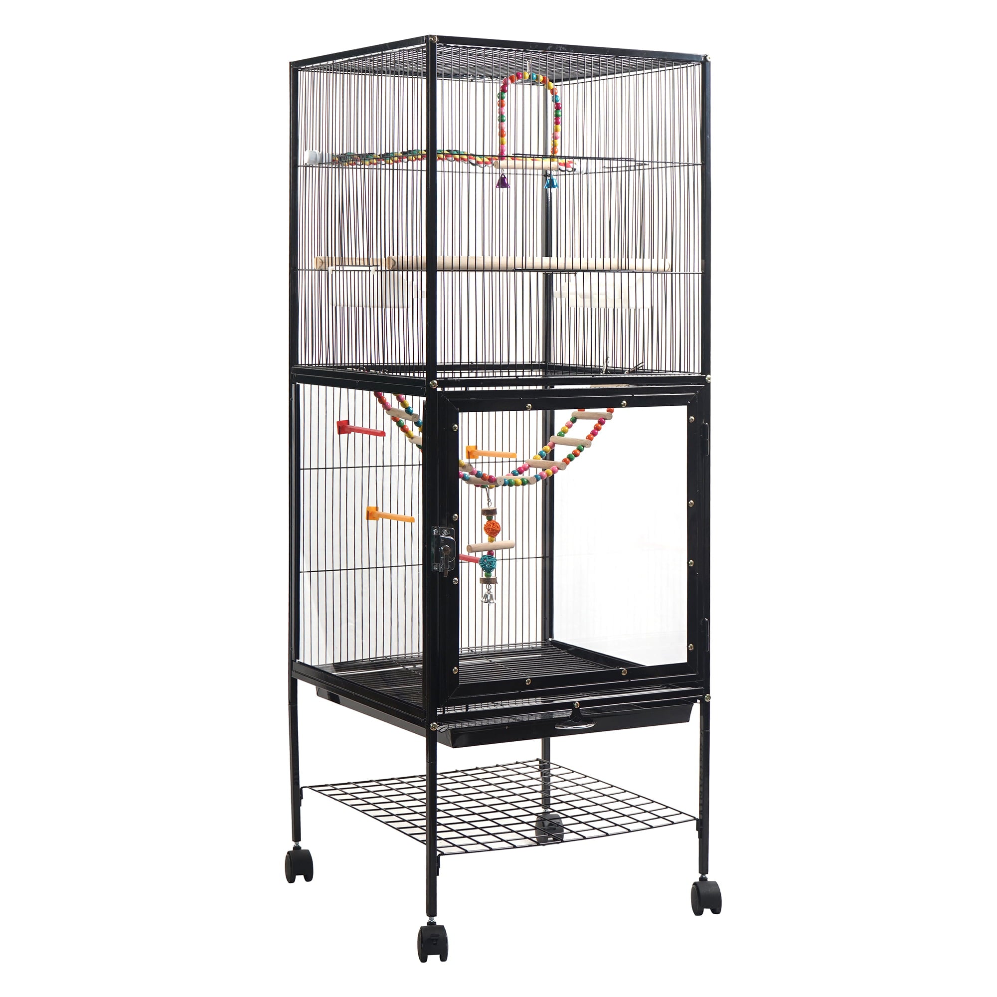 iKayaa 56.5 Inch Wrought Iron Wire Bird Parrot Rolling Cage with Bottom Storage Shelf Lockable Casters Acrylic Pet Birds Cage Flight Cage Suitable for Small Medium Sized Birds Canary Macaw Cockato