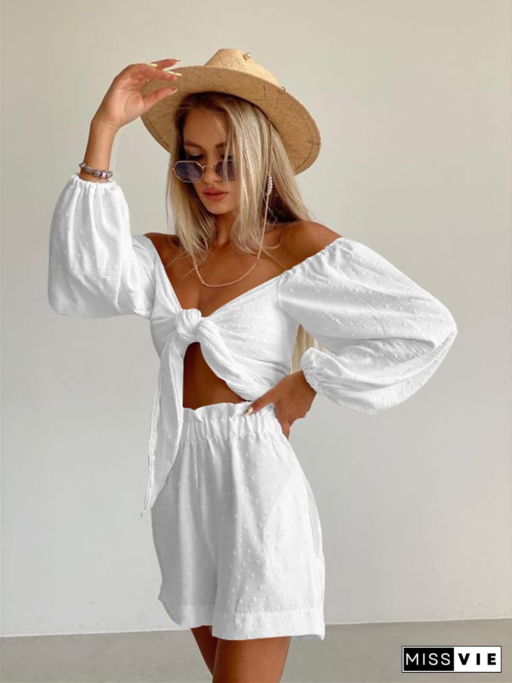 Summer New Fashion Leisure Suit Senior Sense Women's Long-sleeve Cardigan Shorts Two Sets