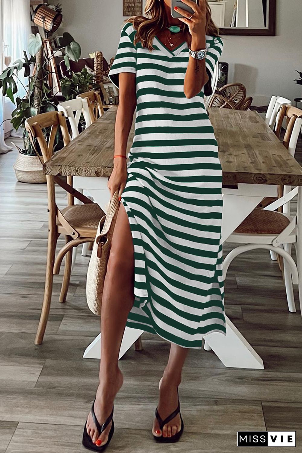 Green Stripe Print V Neck Maxi Dress with Side Splits