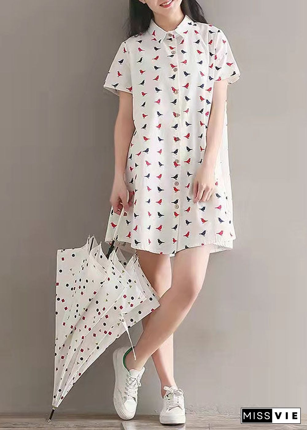 women prints linen dress casual lapel collar linen gown fine shirt dress