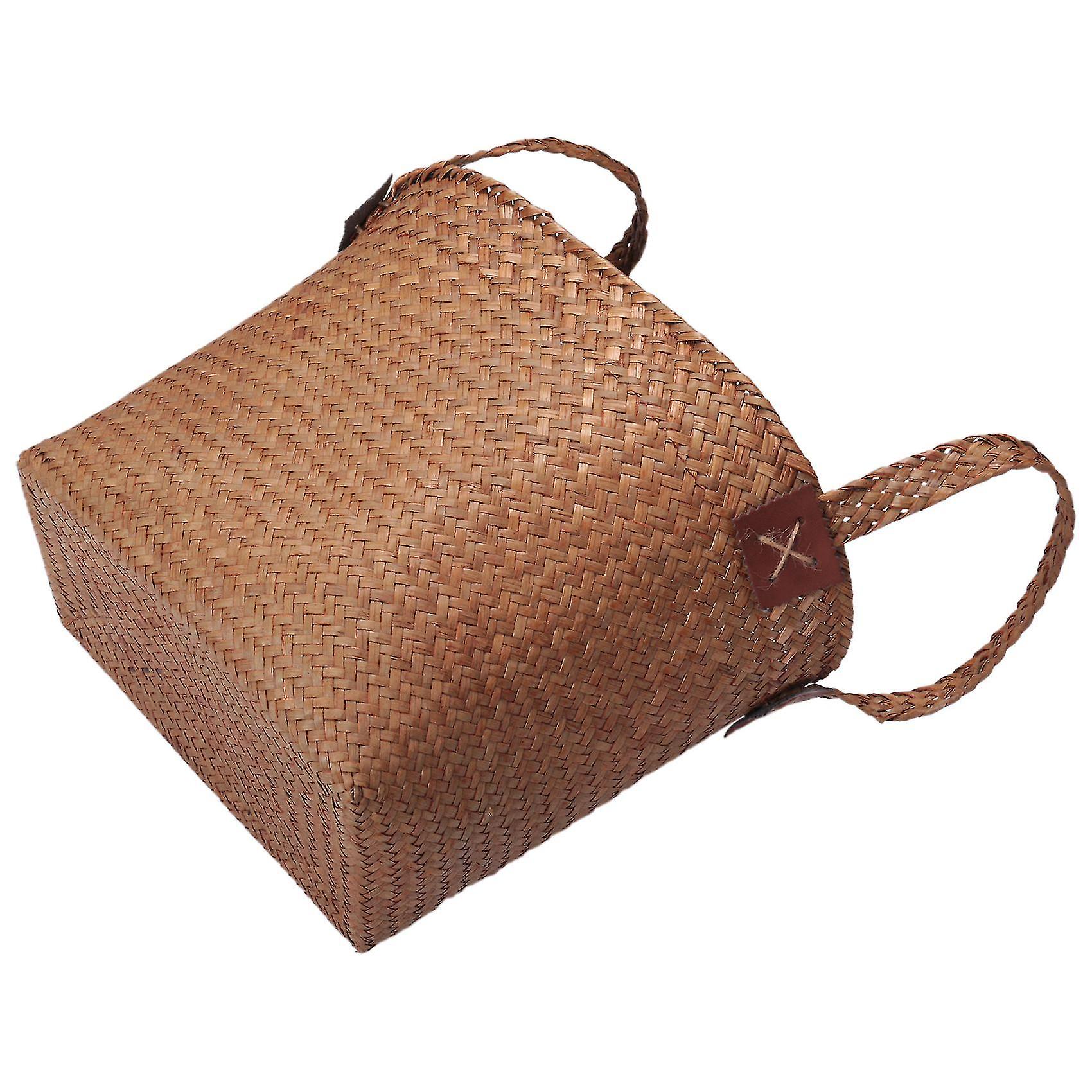 Natural Round Straw Basket Bin Handmade With Handgrip Orange 33x21x26cm