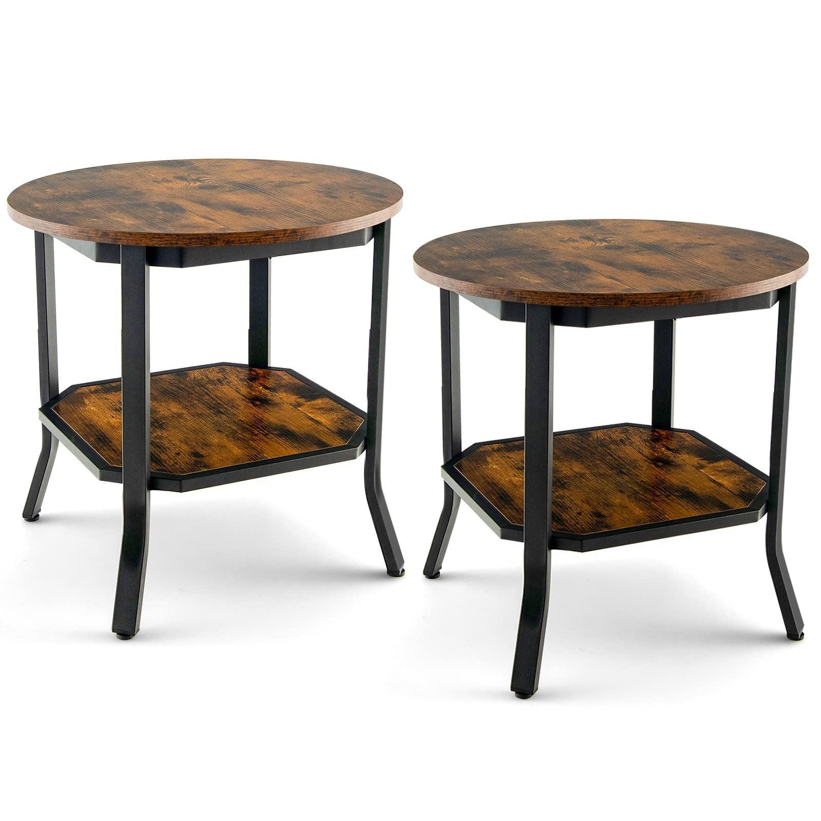 Round End Table， Set of 2 Nightstand w/Storage Shelf， Small Farmhouse Rustic Coffee Table w/Steel Frame and Wood Grain