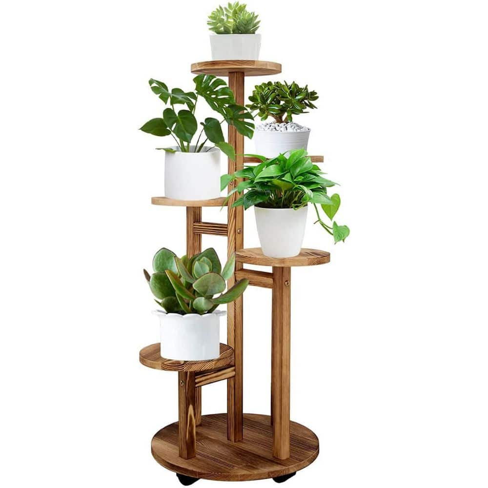 Dyiom 34 in. IndoorOutdoor Brown Wood Plant Stand for Outdoor (5-Tiered) B09GY113GL