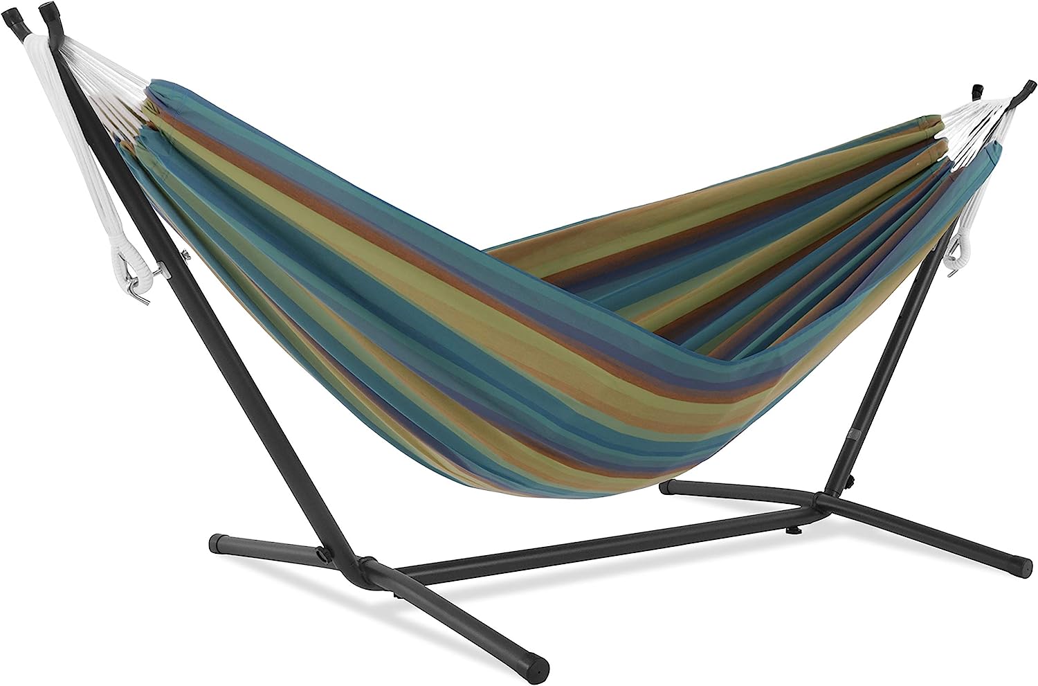 Double Cotton Hammock with Space Saving Steel Stand, Tropical (450 lb Capacity - Premium Carry Bag Included)