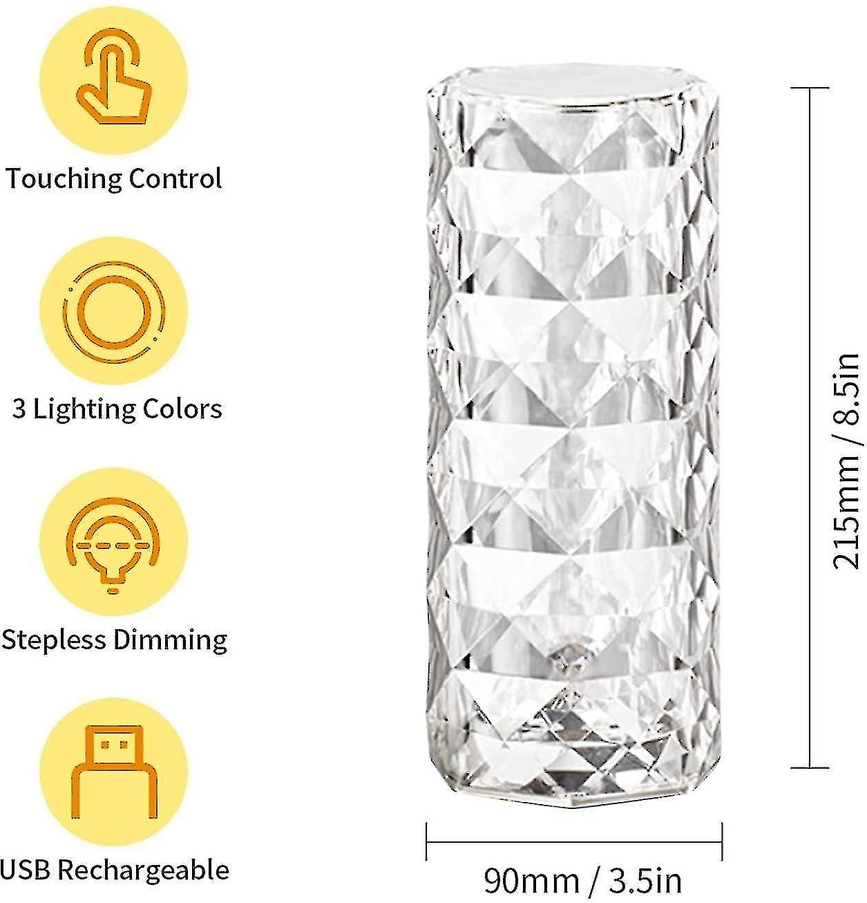 Led Crystal Bedside Table Lamp， Night Light， Rose Rays Crystal Diamond Table Lamp With Touch Control， Dimmable， Usb Charging