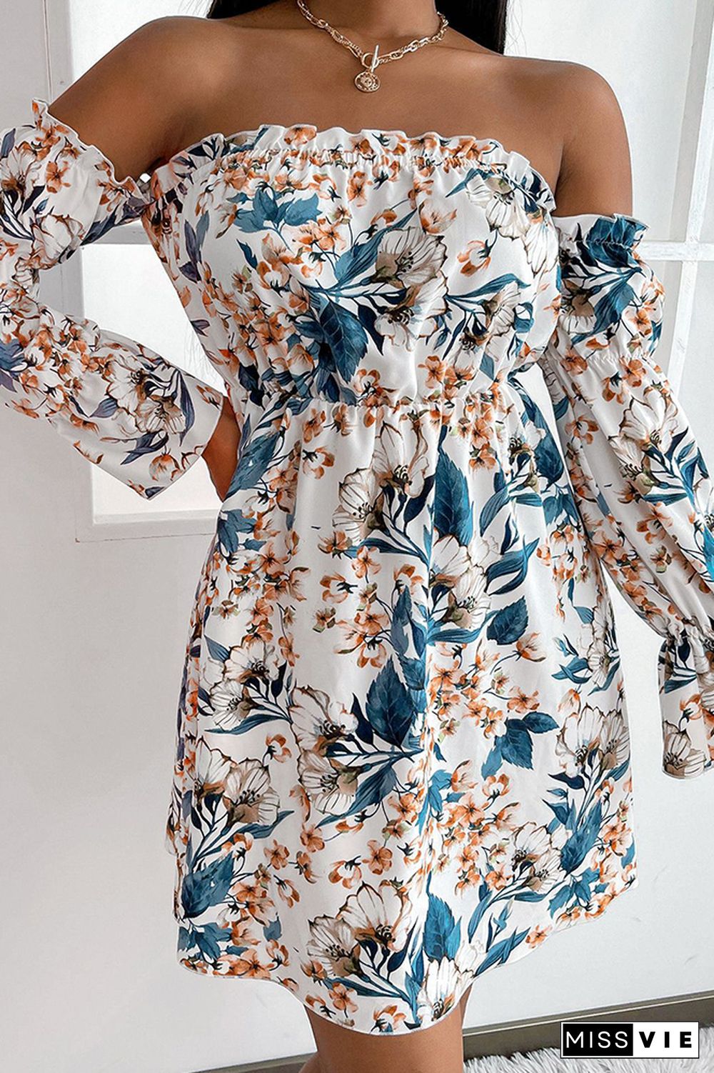 Off Shoulder Floral Print Long Sleeve Mini Dress Wholesale