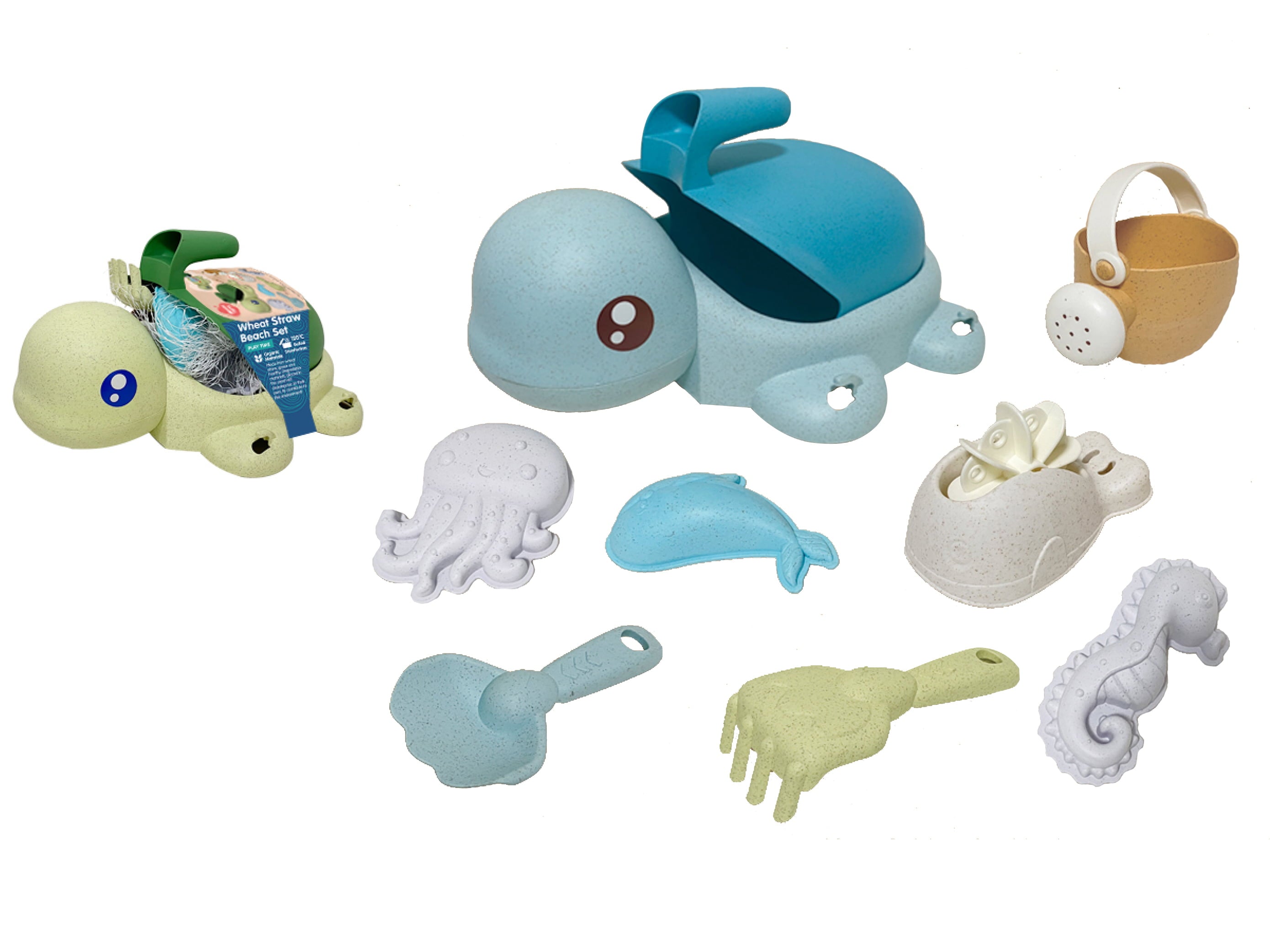 Beach Toys Set for Kids, Turtle Beach Sand Toy. Set Including Friendly Turtle , Watering can, Beach Molds, Beach Bucket, Beach Shovel Tool Kit, ideal for Toddlers. Organic Material - Degradable