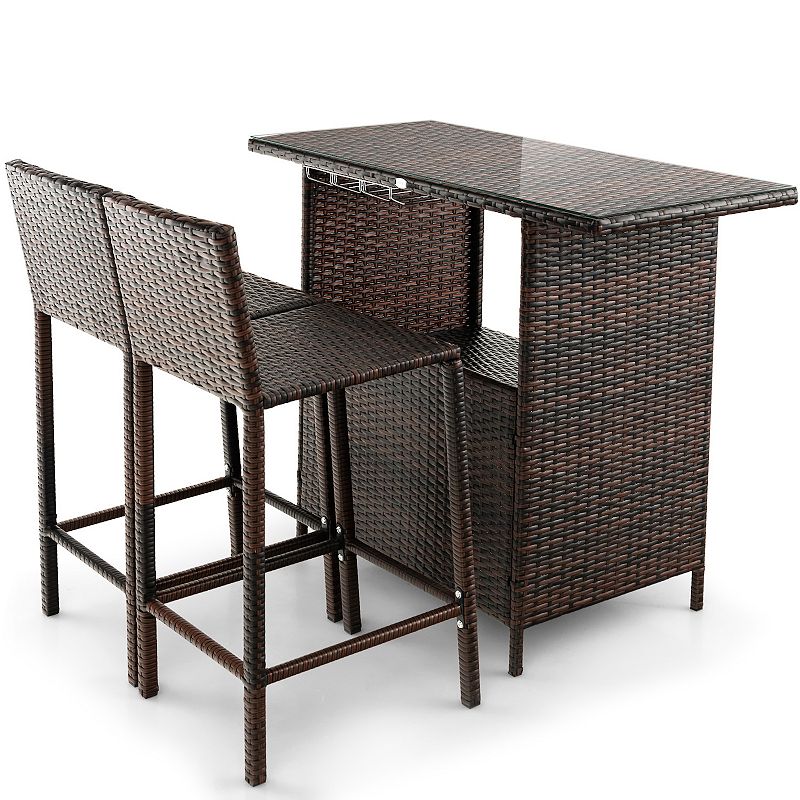 3 Pieces Outdoor Wicker Bar Set with 3 rows stemware racks