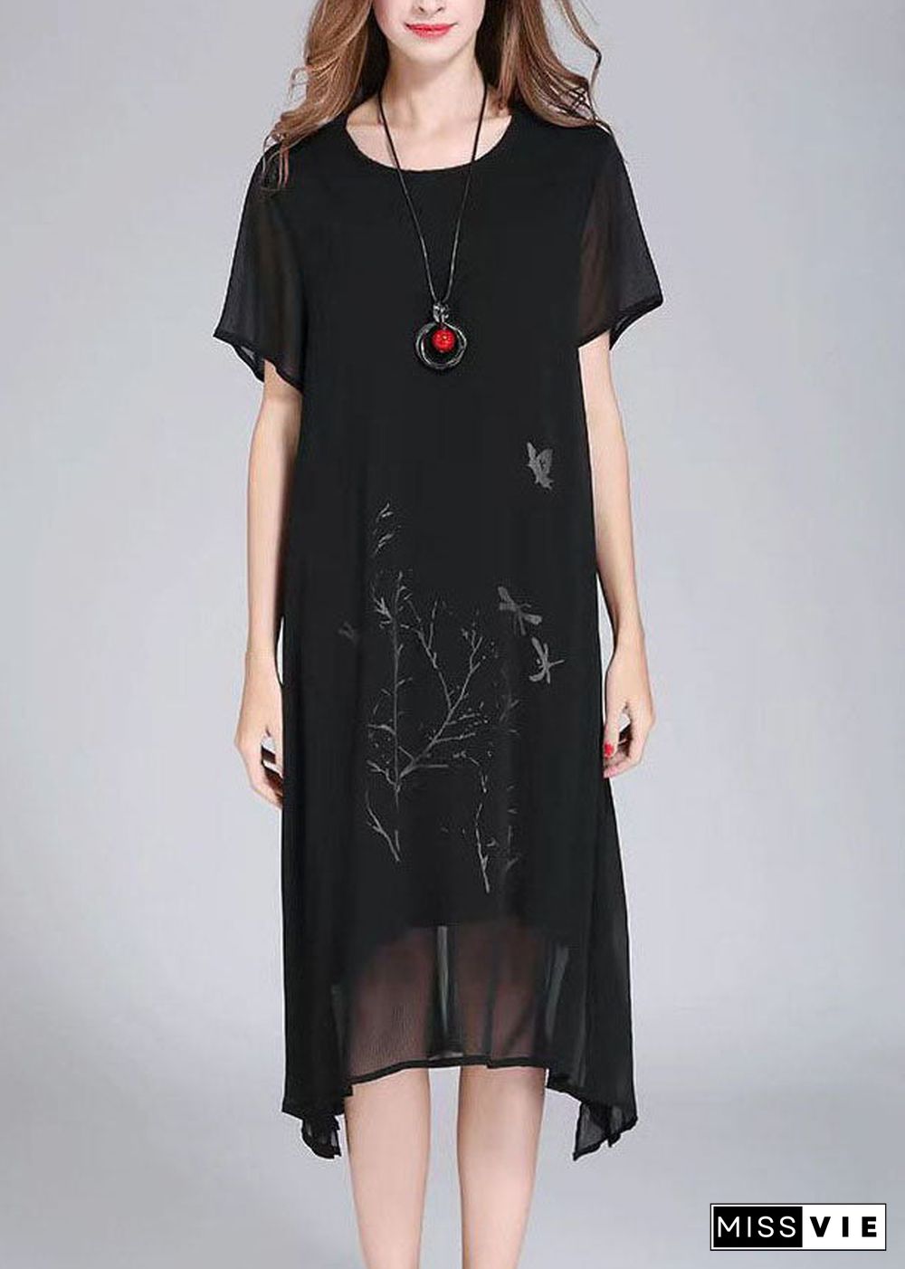 Organic Black O Neck Print Patchwork Chiffon Dresses Summer