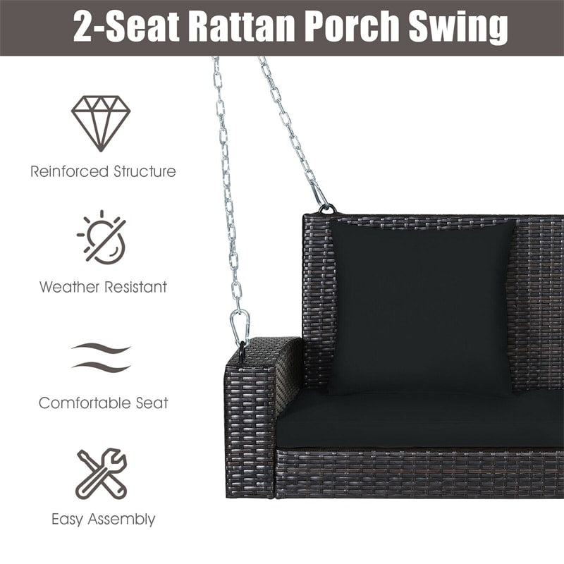 2-Person Outdoor Wicker Hanging Porch Swing Bench with Seat & Back Cushions