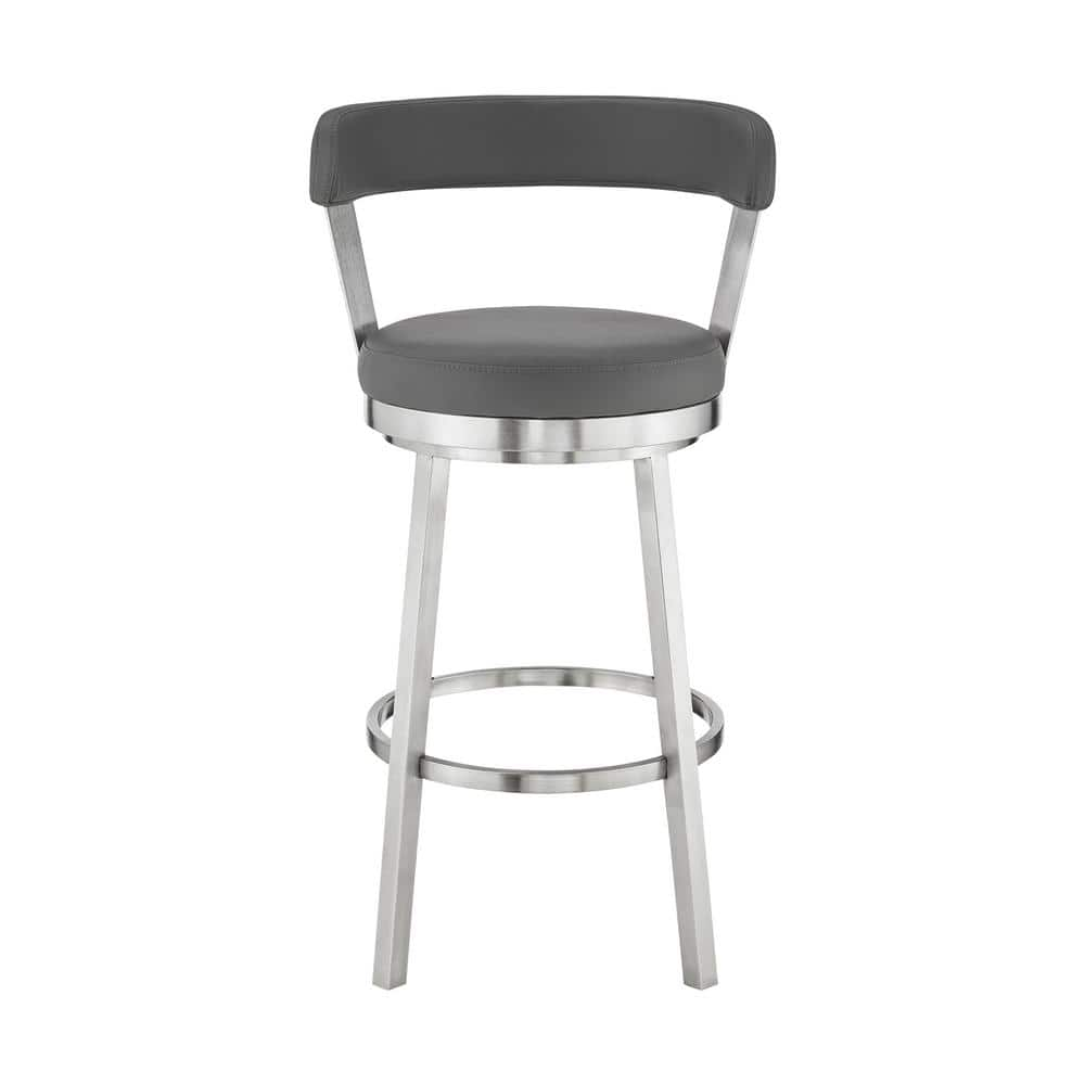 Armen Living Kobe 30 in. Bar Height Low Back Swivel Bar Stool in Brushed Stainless Steel and Grey Faux Leather 721535761814