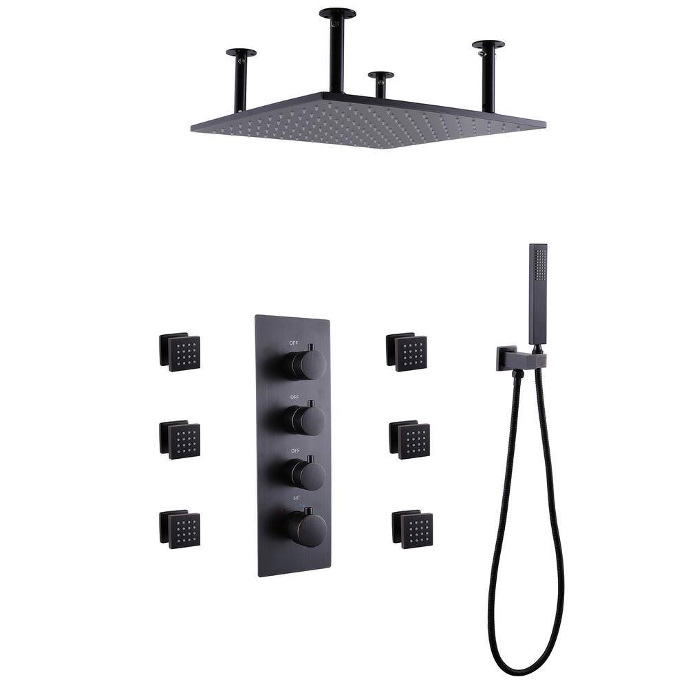 Tomfaucet Luxury 3-Spray Patterns Thermostatic 16 in. Ceiling Mount Rainfall Dual Shower Heads with 6-Jet in Oil Rubbed Bronze TFK0102MB