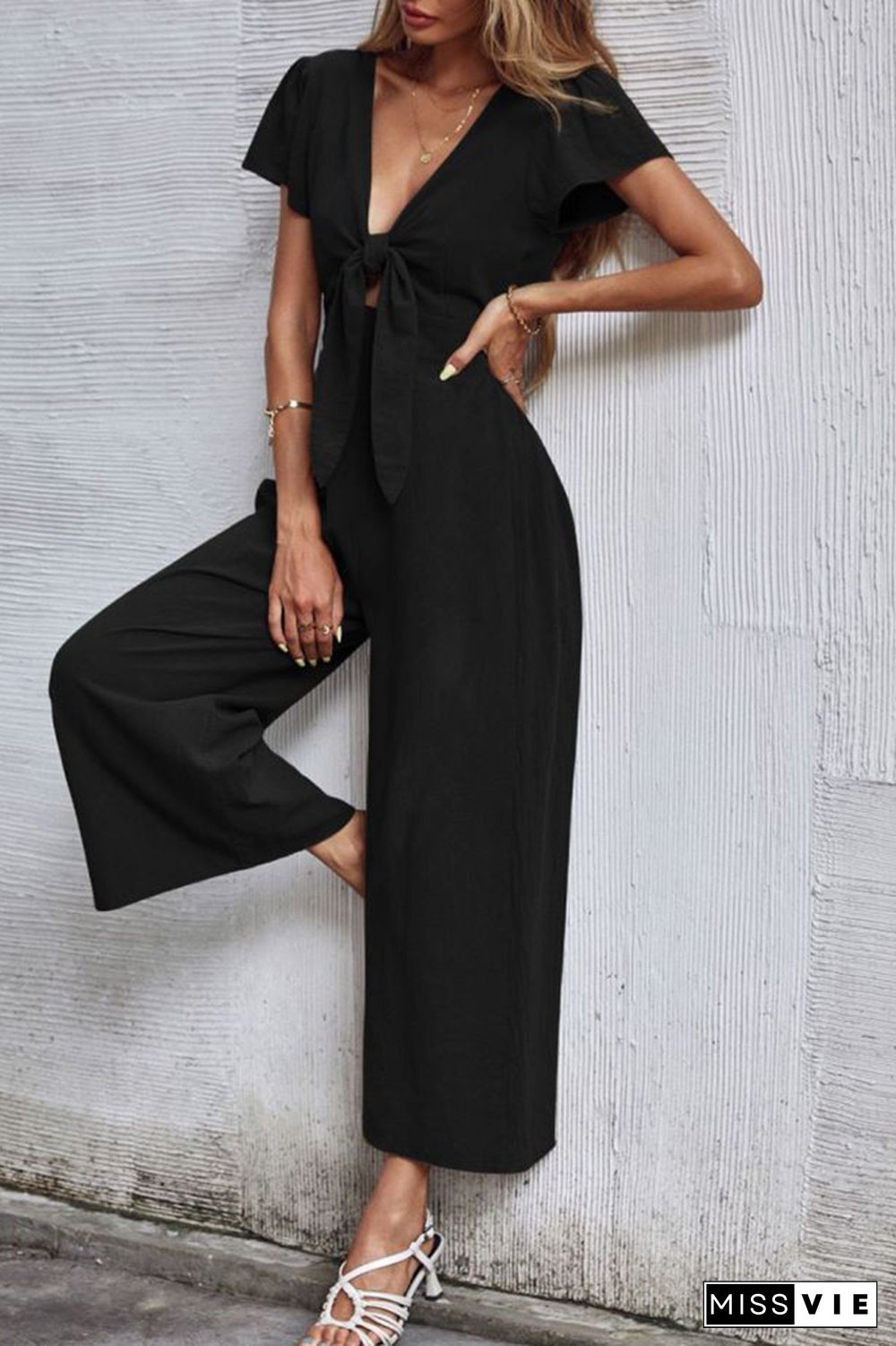 Bow Knot Wide Leg Long Pants Jumpsuit Wholesale