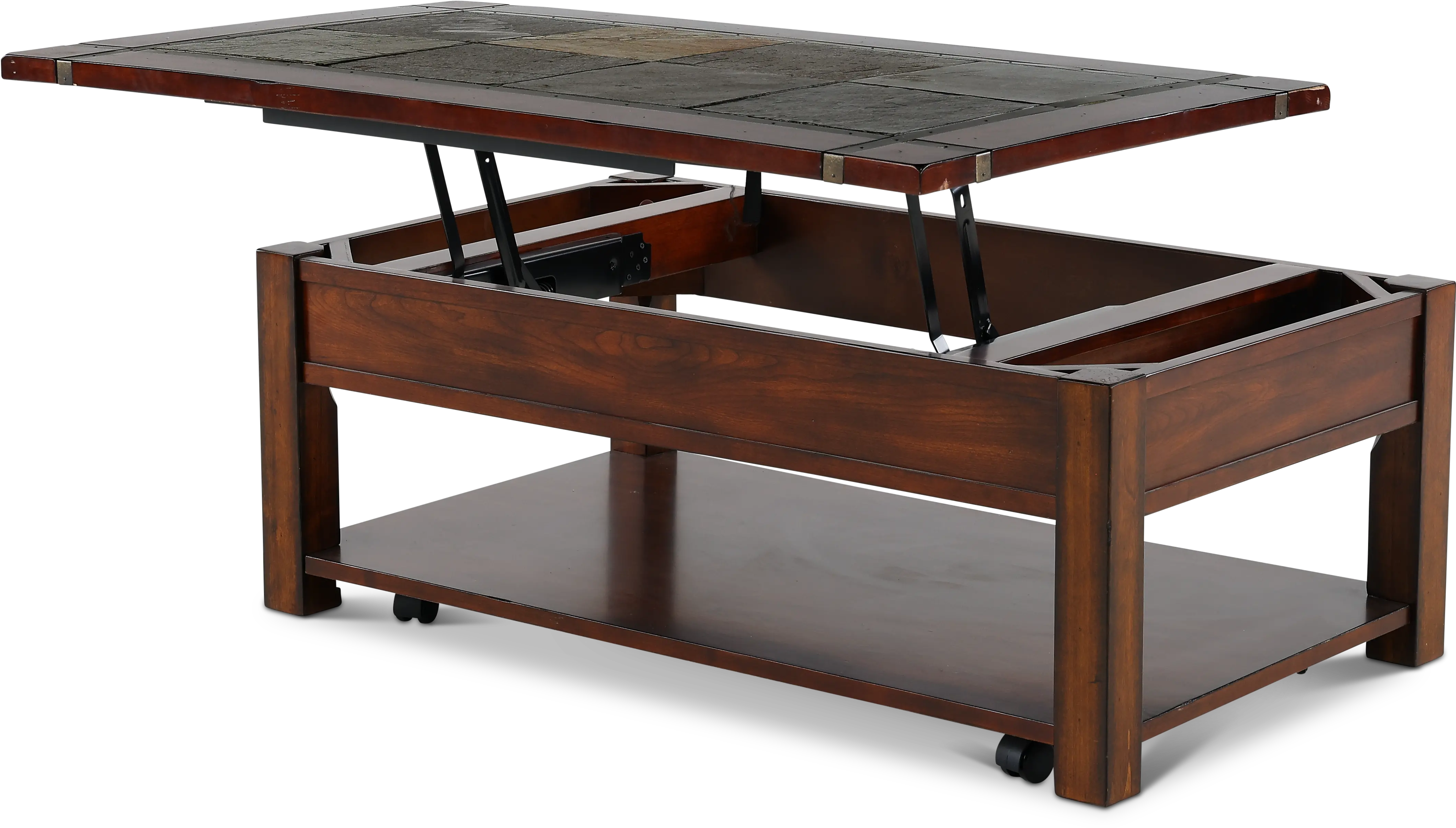 Roanoke Cherry Brown Coffee Table with Slate Lift-top