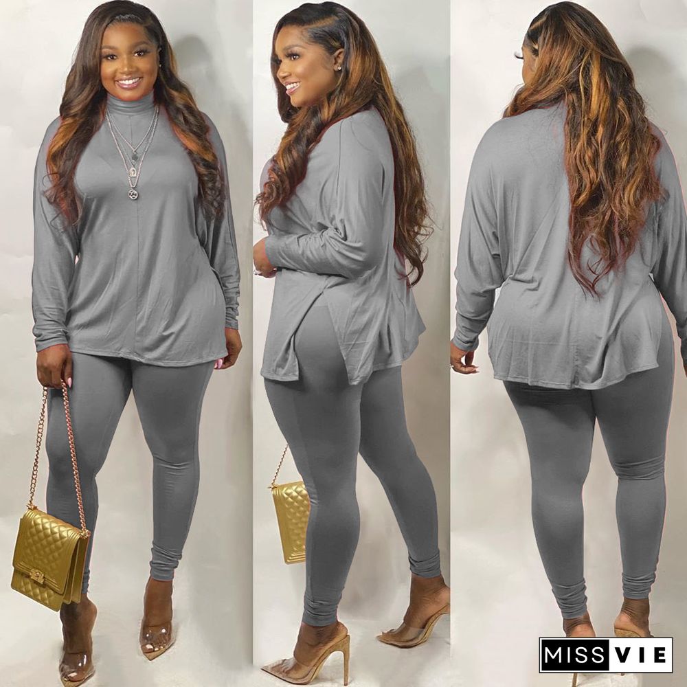 Women's Pure Color Long Sleeve Slit T-shirt Trousers 2 Piece Set