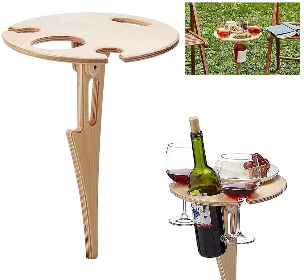 Outdoor Folding Wine Table - Portable Wooden Table Picnic Table Wine Holder Beer， Wine Glass Rack， Collapsible Table