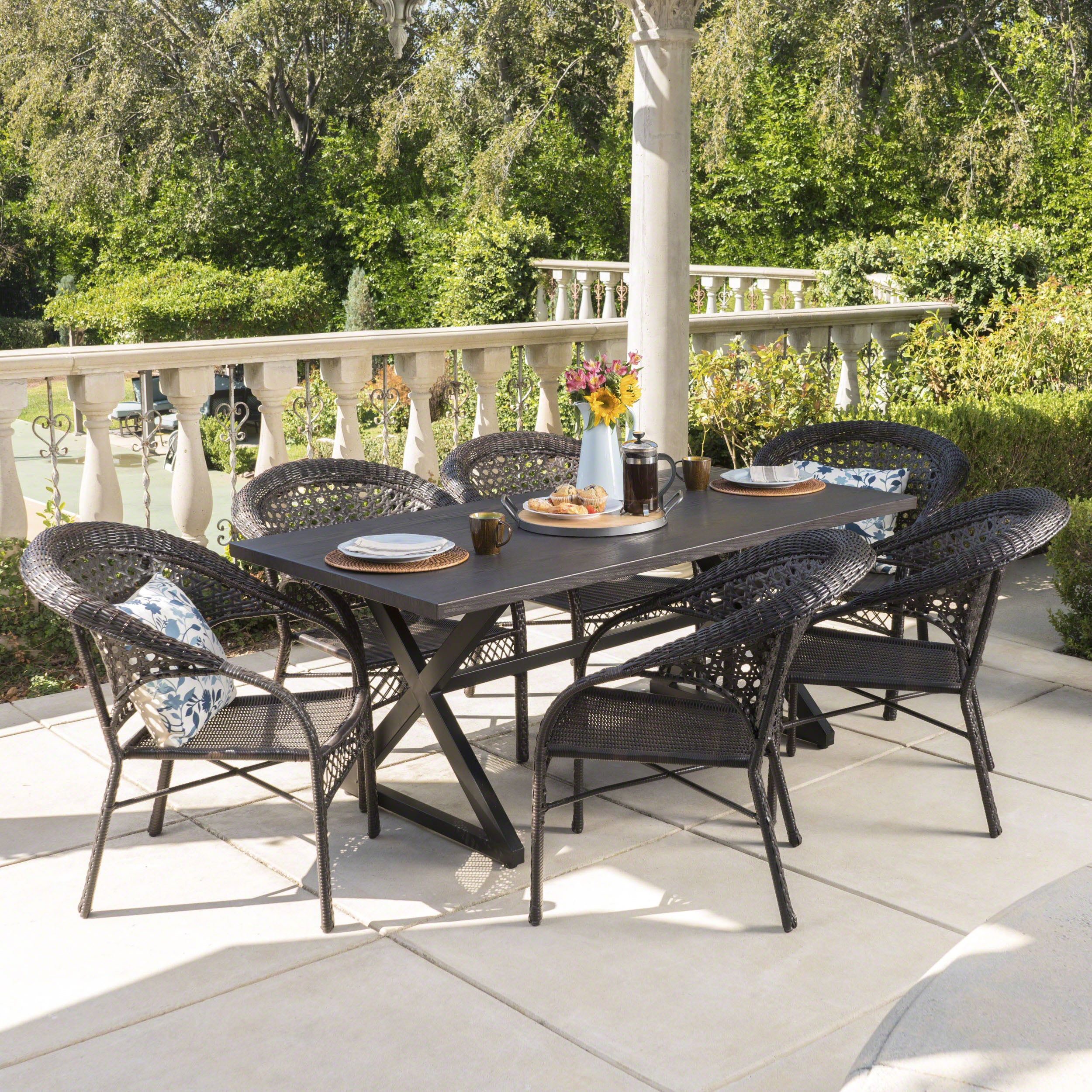 Solloom Outdoor 7 Piece Multi-brown Wicker Dining Set with Brown Aluminum Table