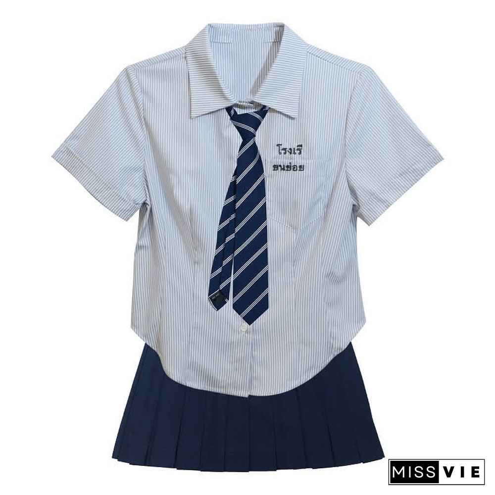 Letter Embroidery Stripe Tie Polo T-Shirt Pleated Skirt JK Uniform