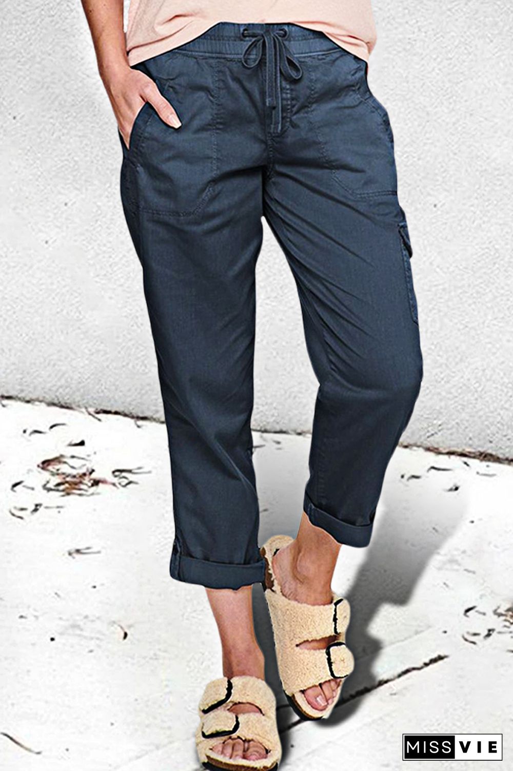 Solid Drawstring Roll Hem Flap Pocket Pants