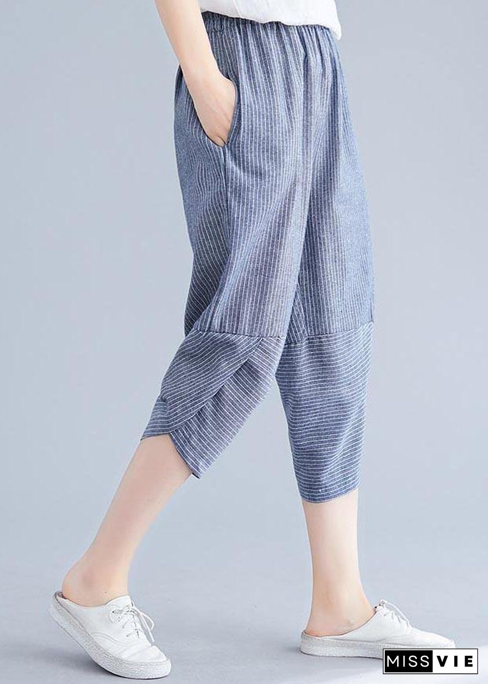 Boutique Navy Striped Patchwork Summer Cotton Linen Pants