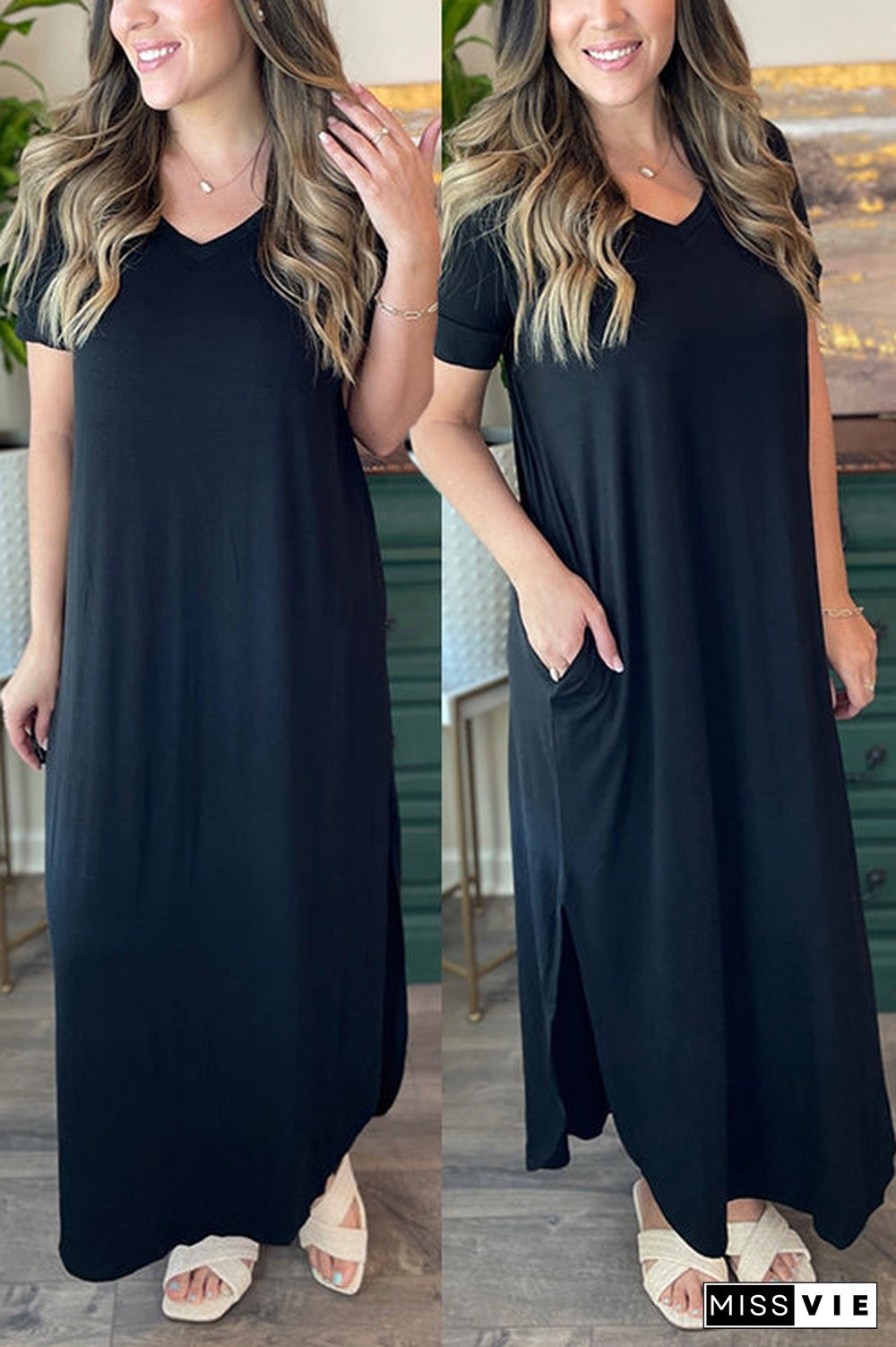 V Neck Side Slit Maxi Dress