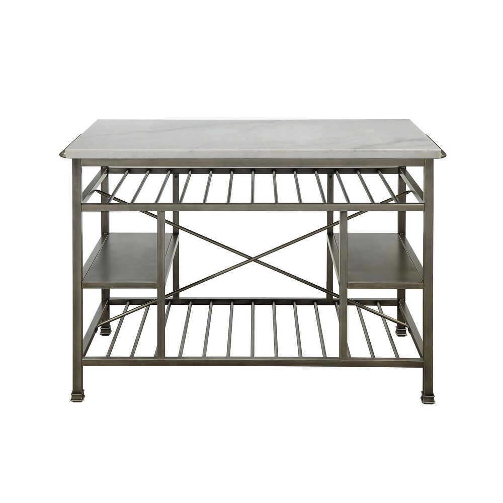 ACME Lanzo Kitchen Island (Counter) in Marble   Antique Pewter