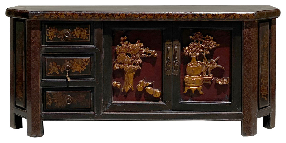 Chinese Distressed Brown Golden Flower Motif TV Console Table Cabinet Hcs6127   Asian   Entertainment Centers And Tv Stands   by Golden Lotus Antiques  Houzz