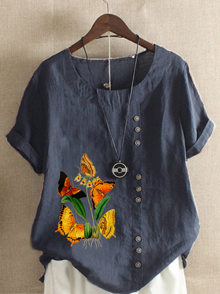 Round Neck Casual Loose Butterfly Short Sleeve Blouse