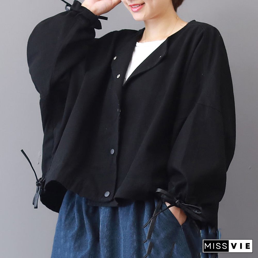 vintage black long coat Loose fitting stand collar Jackets & Coats Fashion long sleeve coats