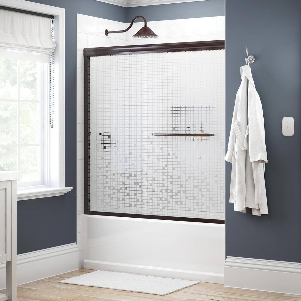 Delta Simplicity 60 in. x 58-18 in. Semi-Frameless Traditional Sliding Bathtub Door in Bronze with Mozaic Glass 2435537