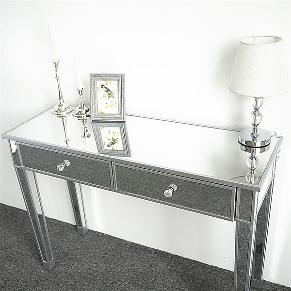 Mirrored 2-Drawer Media Console Table， Makeup Table Desk Vanity for Women Home Office Writing Desk Smooth Matte Silver Finish