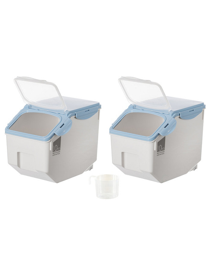 Basicwise Medium Plastic Storage Food Holder Containers with a Measuring Cup and Wheels Set of 3