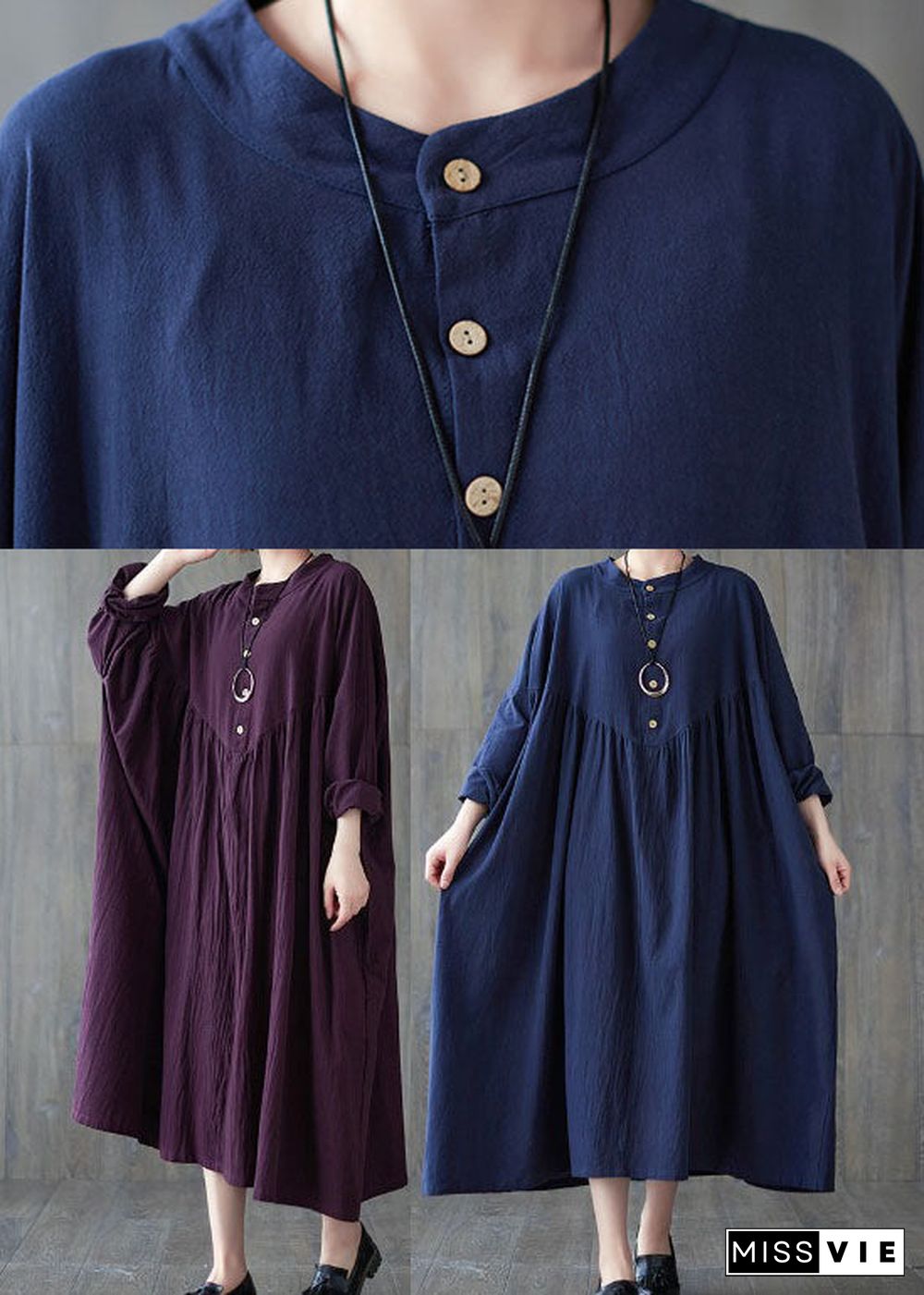 Purple wrinkled Cotton Casual Dresses Long Sleeve