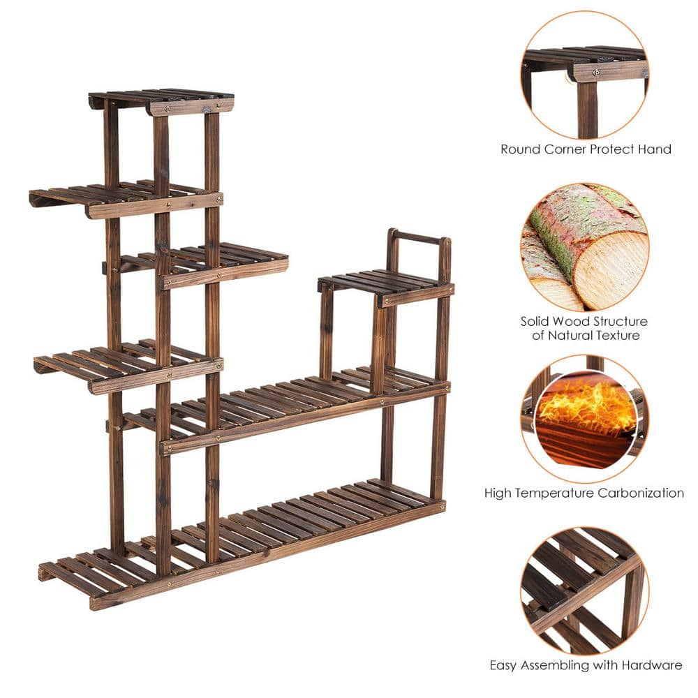 HONEY JOY 47.5 in. x 10 in. x 47.5 in. Indoor/Outdoor Brown Wood Plant Stand Rack with Hollow-Out Storage Shelf ( 7-Tier ) TOPB002602