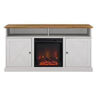 Welwick Designs 60 in. Reclaimed Barnwood and Brushed White Wood X Door TV Stand Fits TVs up to 65 in. with Electric Fireplace HD8758