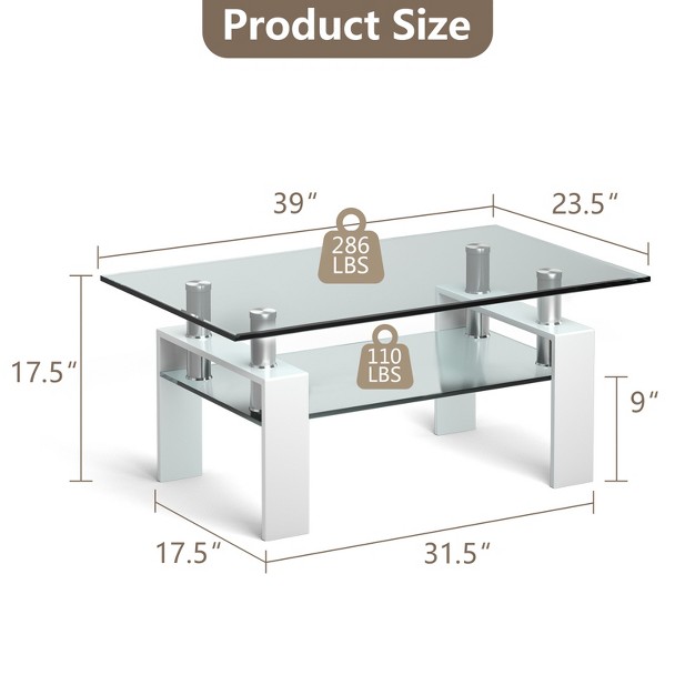 Tangkula Metal Legs Modern Side End Table Rectangle Glass Coffee Table W lower Shelf For Living Room Black Top white