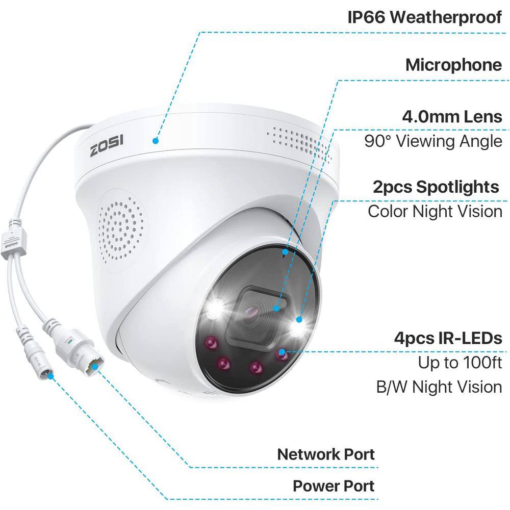 ZOSI ZG2255A 5MP PoE Wired Add-On IP Security Camera with Color Night Vision2-Way AudioOnly Work with Same Brand NVR Model IPC-2255A-W-A2