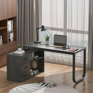 FUFUGAGA 55.1 in. L-Shaped Gray Wood Executive Writing Desk Computer Desk Workstation WRemovable Tabletop Shelves 3-Drawers KF210009-04-KPL2