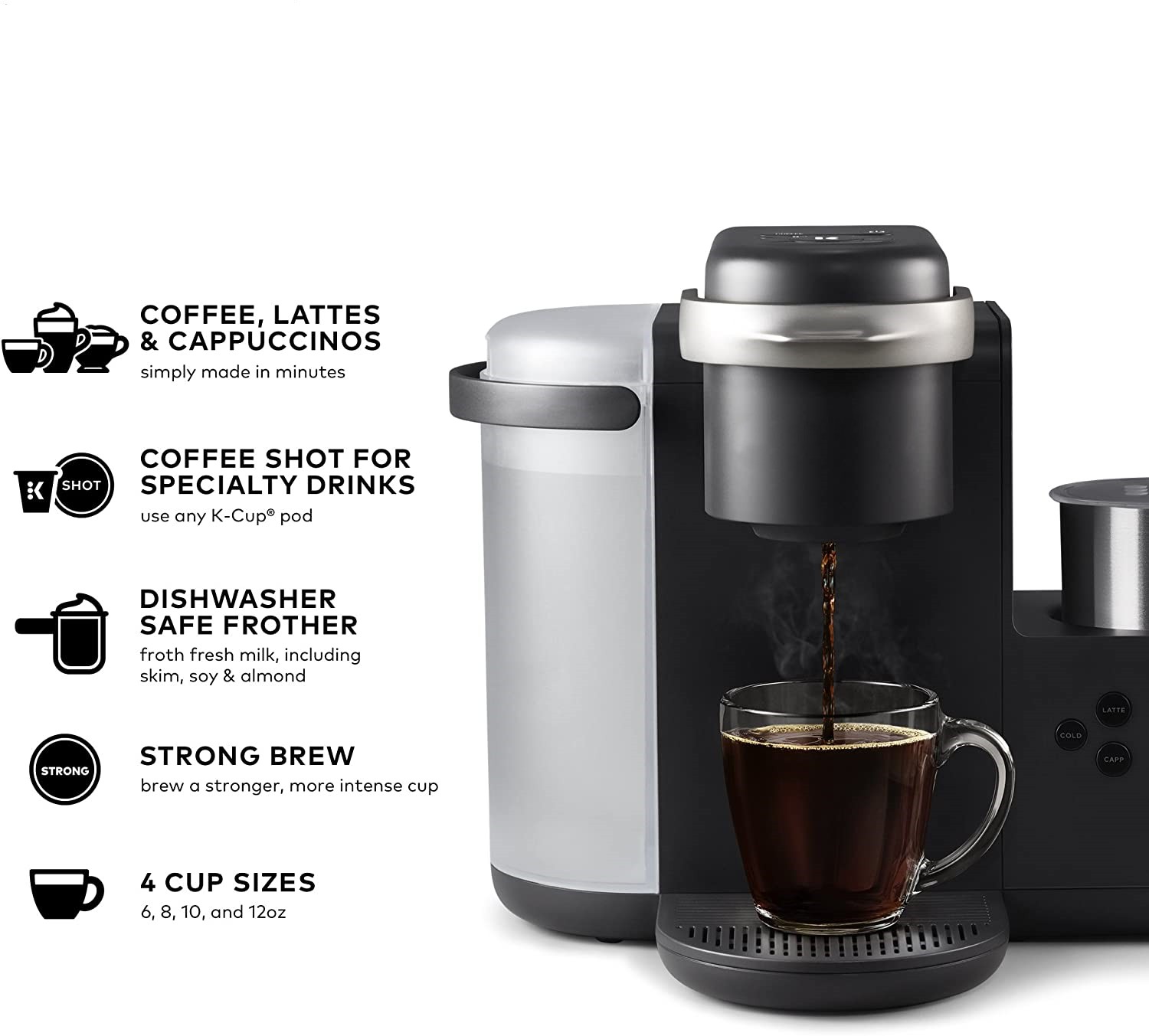 K-Cafe Single-Serve K-Cup Coffee Maker, Latte Maker and Cappuccino Maker, Comes with Dishwasher Safe Milk Frother, Coffee Shot Capability, Compatible With all K-Cup Pods, Dark Charcoal