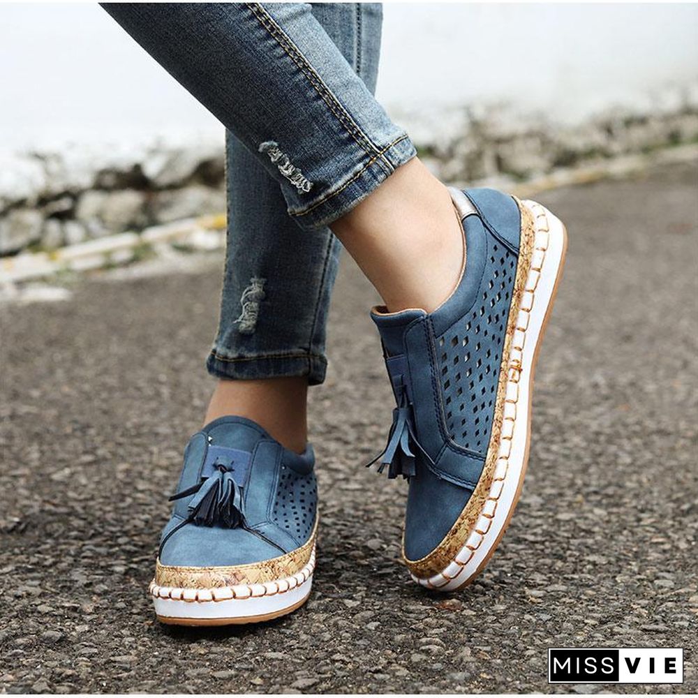 Women Slip On Hollow Out Flats Ladies Breathable Loafers Casual Platform Vulcanized Sewing Sneakers Shoes