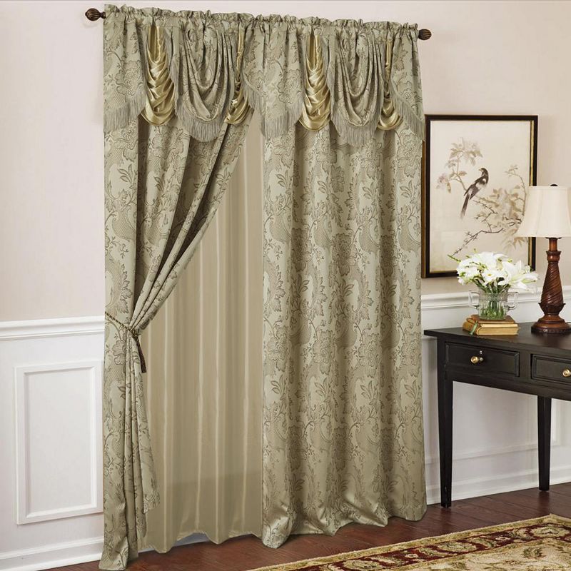 Rosalie Floral Damask Jacquard Curtain Panel With Valance 54 X 84 Taupe