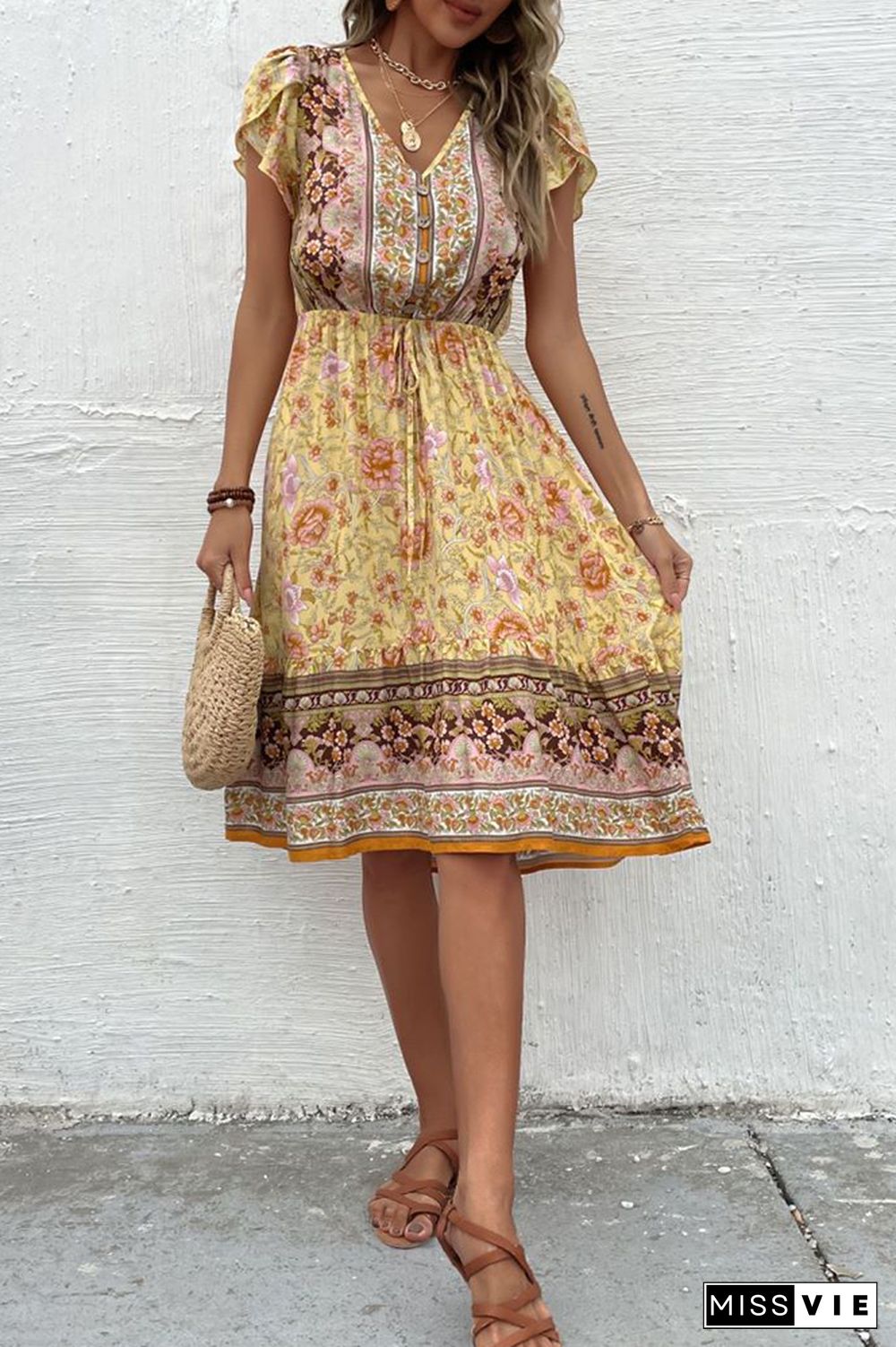 Bohemian Floral Print Dress Wholesale