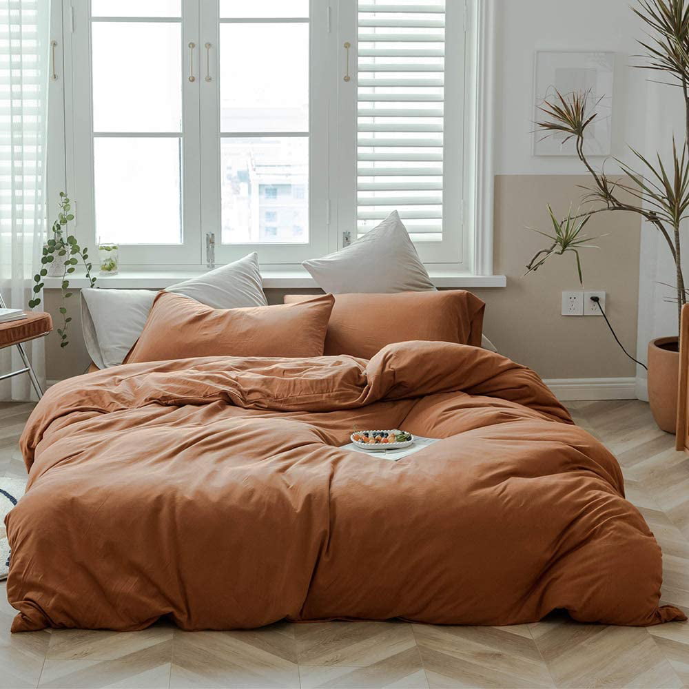 MKXI Caramel Pumpkin Duvet Cover Twin Size，Solid Brown Bedding Set，Soft Jersey Cotton Simple Bedroom Collection，Solid Color Adults Bedding