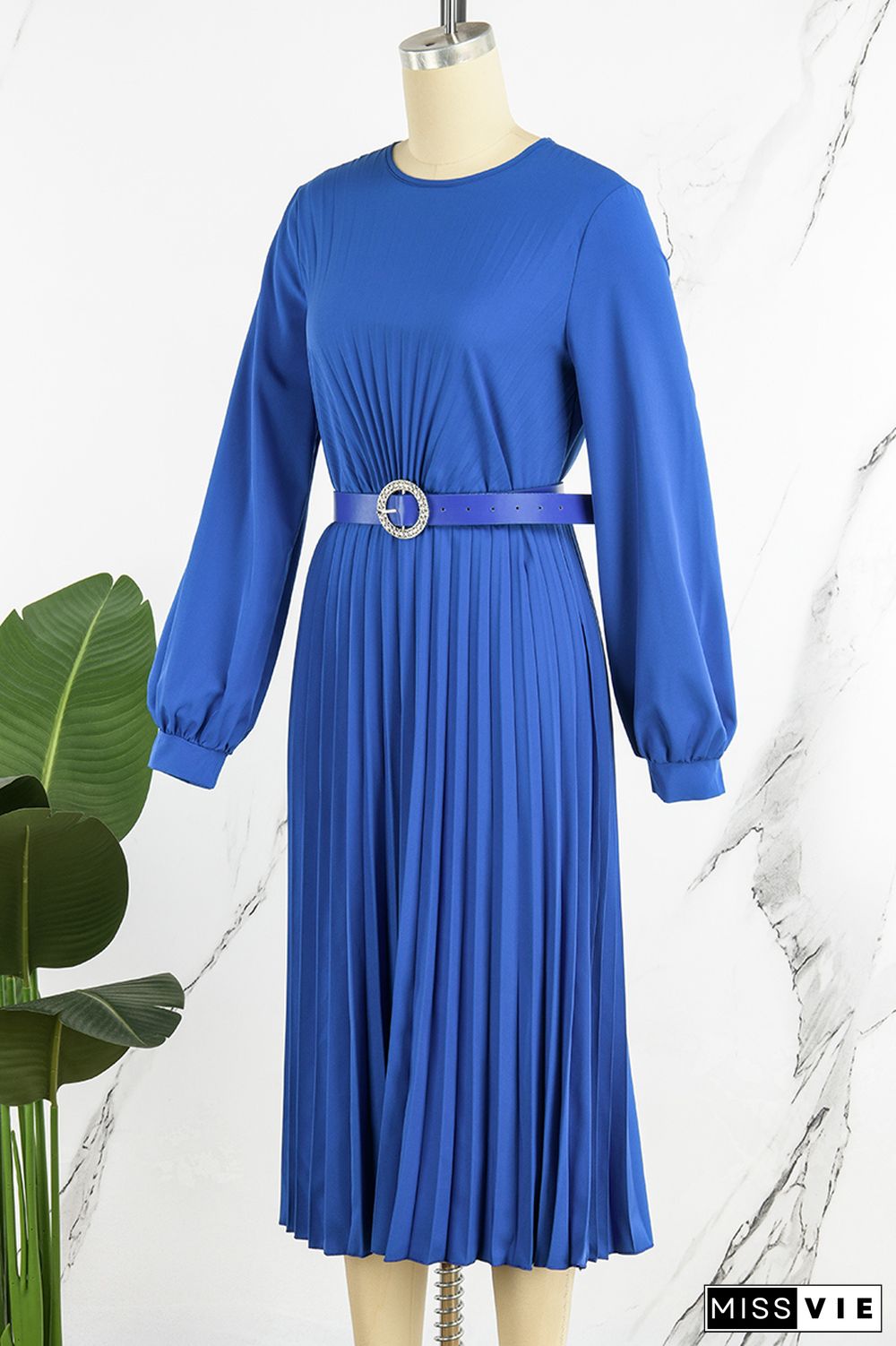 Blue Casual Elegant Solid Patchwork Fold With Belt O Neck Straight Dresses(Contain The Belt)