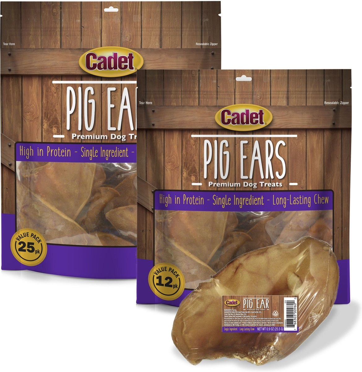 Cadet Natural Pig Ears Dog Treats， 12 count