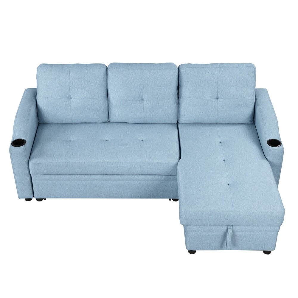 Pull Out Sofa Bed with Storage Chaise   Cup Holder