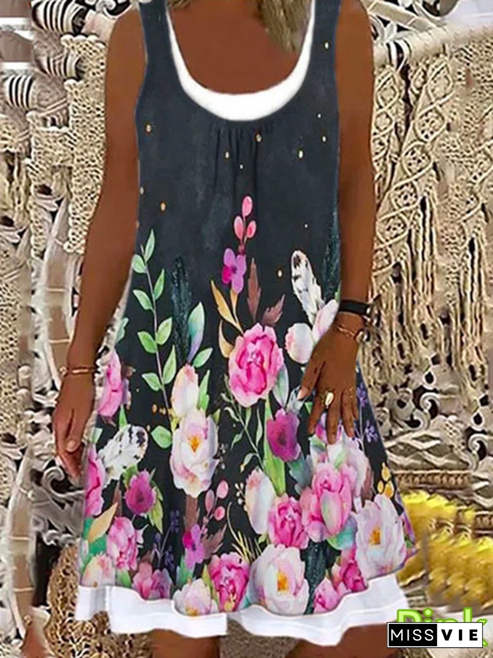 Women's Dress Summer New Fashion Women's Flower Fake Two-piece Printed Sleeveless Round Neck Casual Dress Loose Plus Size Soft and Comfortable Thin Summer Dress