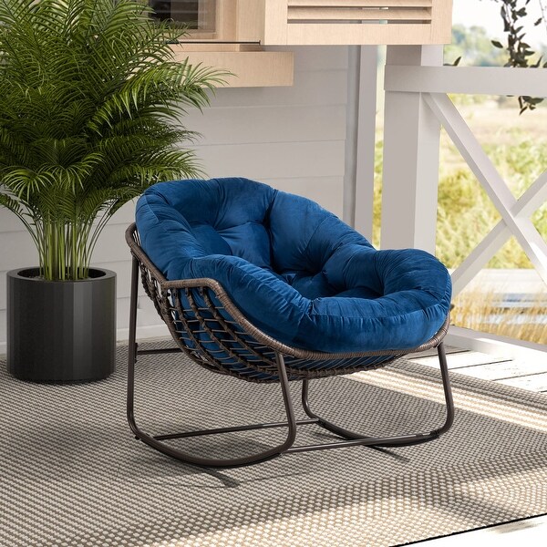 Outdoor Papasan Chair Handwoven Rattan Rocking Chair Oversized Rocker Recliner Chair Curved Patio Rocking Chair